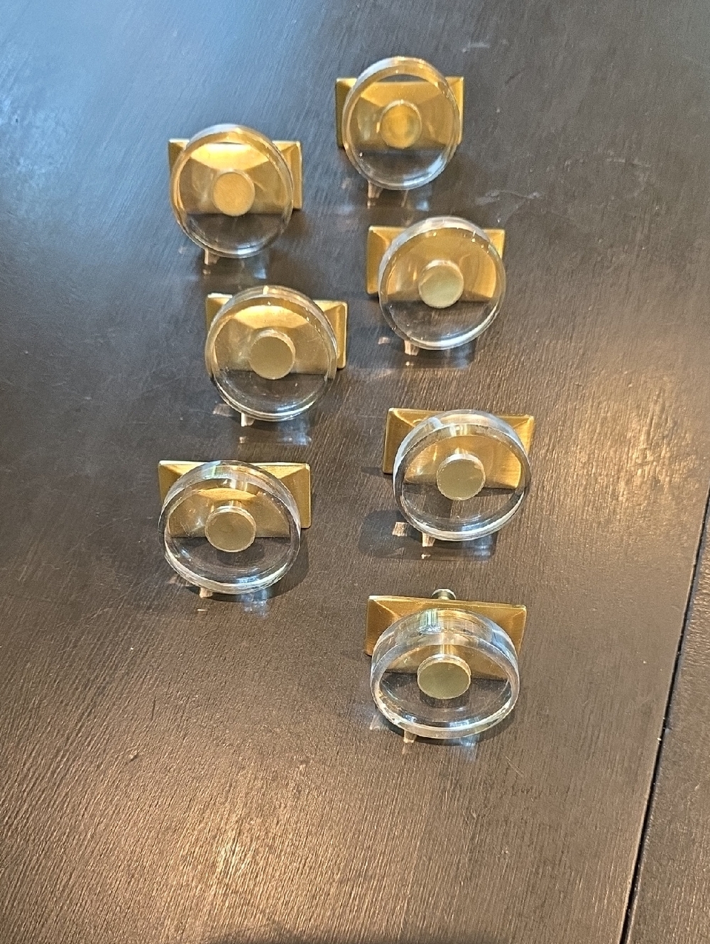 Set of 7 Clear Acrylic and Gold Cabinet Knobs